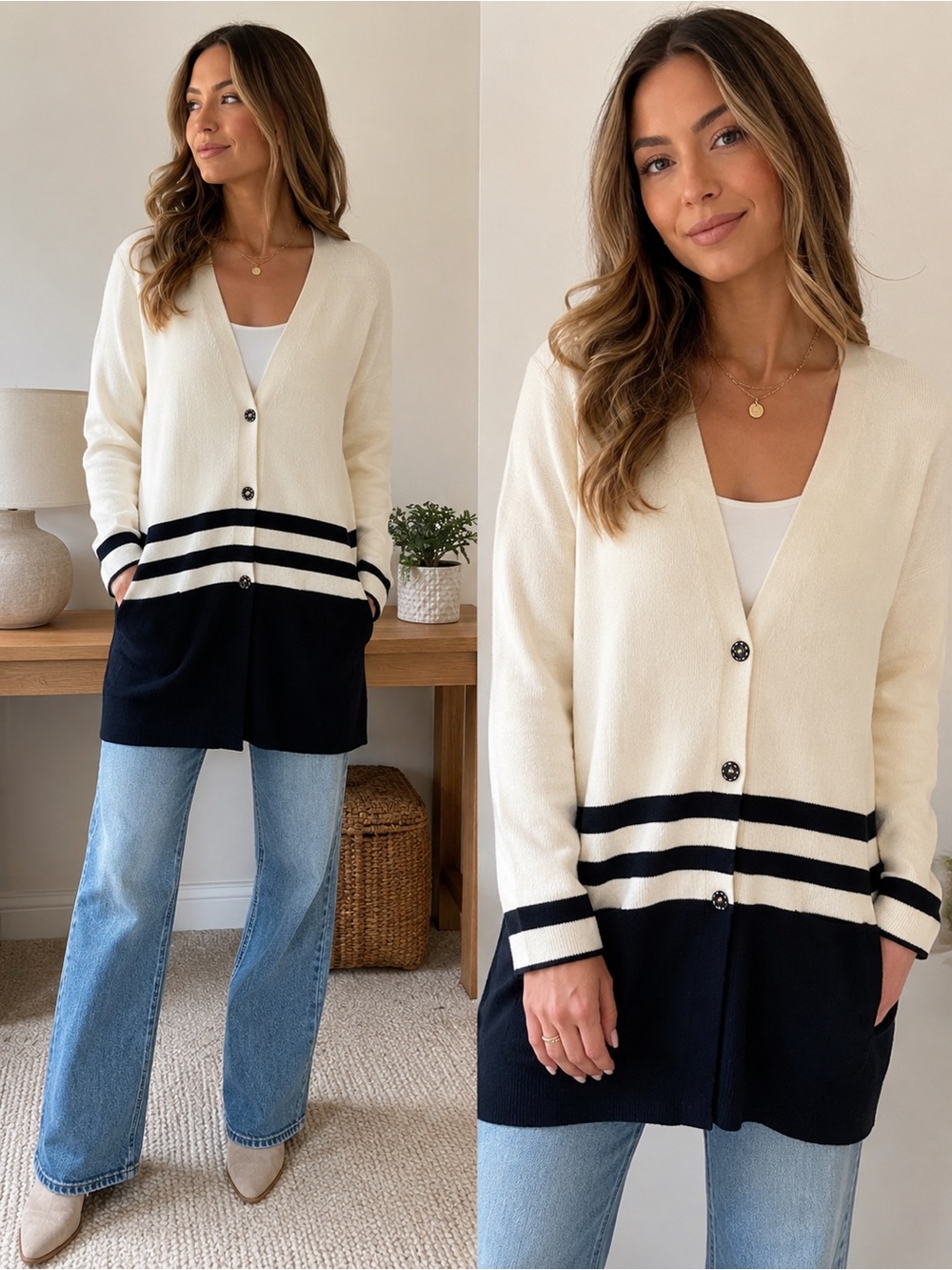 Angel of the North Anthropologie Cream Navy Longline Colorblock Cardigan Size L
